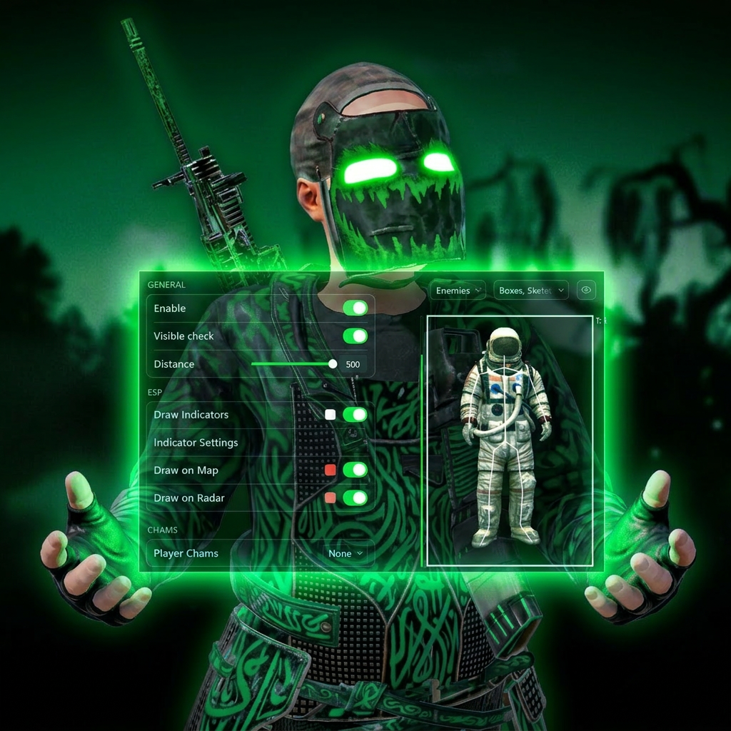 Rust character in red metal armor holding the External cheat menu