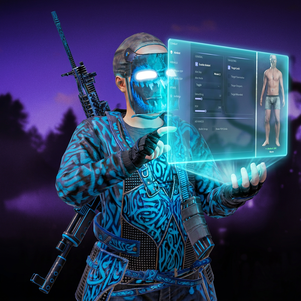 Rust character in green metal armor holding the Ultimate cheat menu